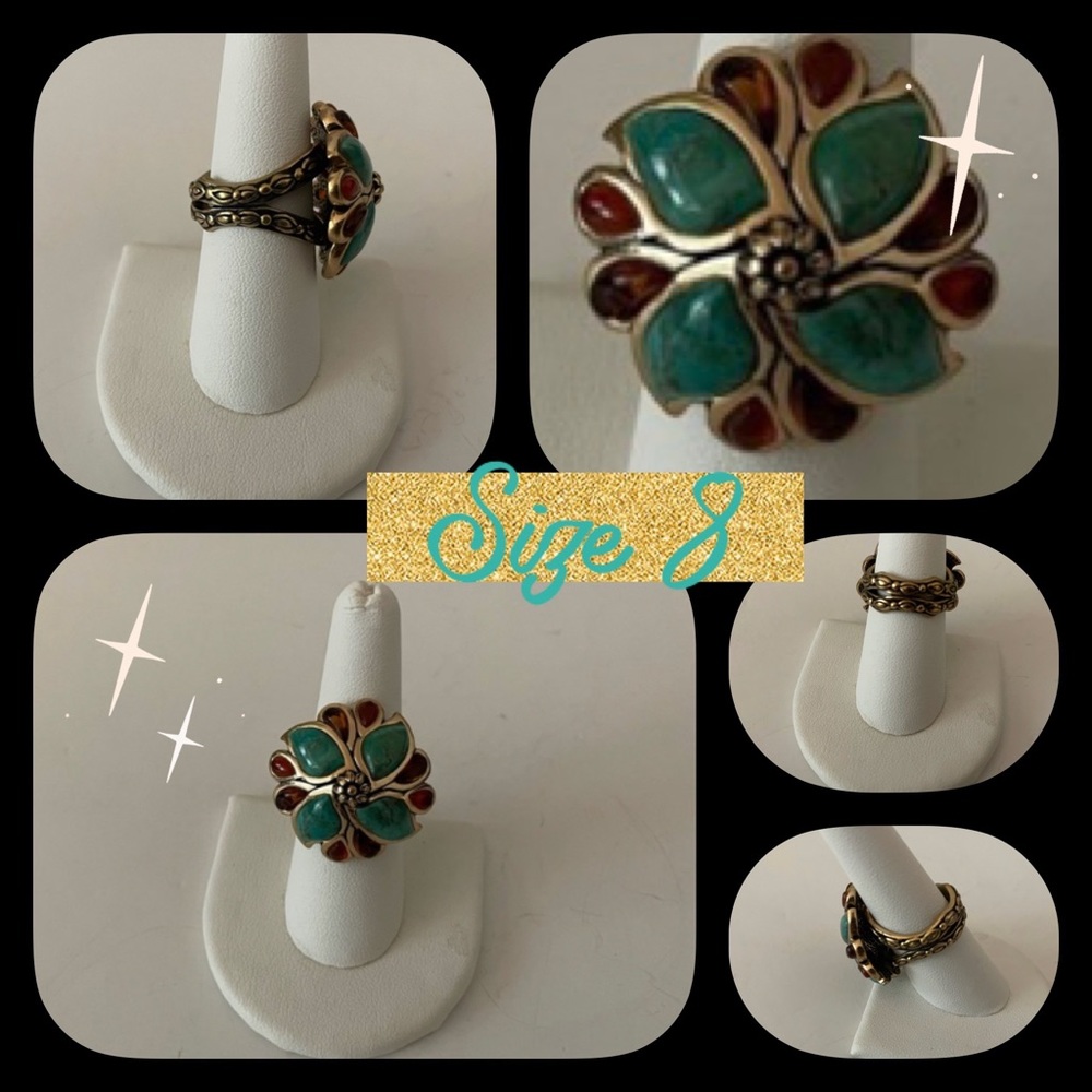 Floral Turquoise and Garnet Brass Ring